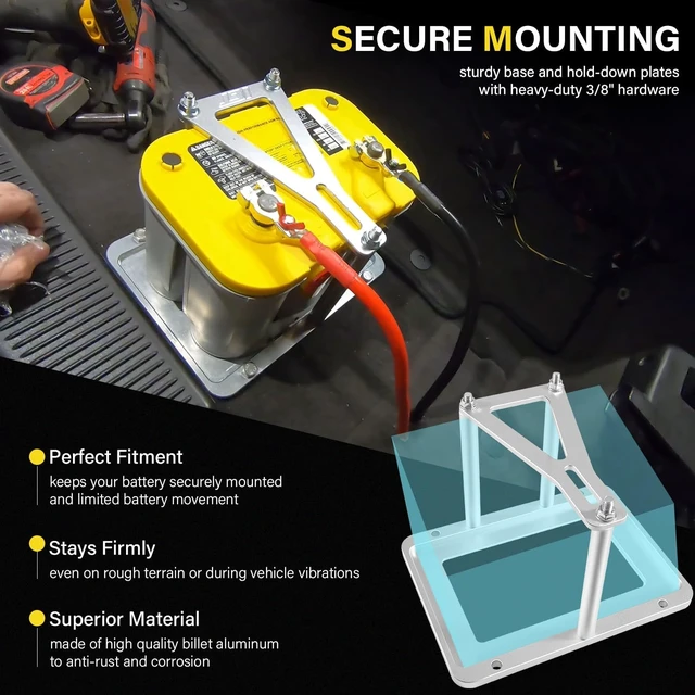 Alt view image 3 of 7 - Universal Battery Tray Hold Down Trunk Relocation Box - Billet Aluminum Battery Mount Compatible with Optima Race Racing Mount Red/Yellow/Blue Top 34, 34/78, D34, D34/78, 34M, D34M