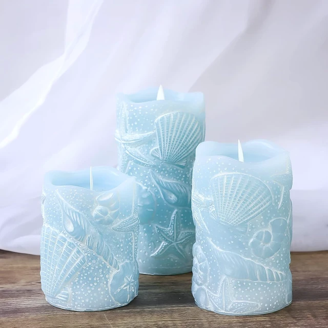 Alt view image 6 of 6 - Ocean Flameless Candles with Remote Carved Seashell Real Wax Flicker Battery Operated Candles for Home Party Wedding Nautical Summer Christmas Decor - Set of 3(Blue)