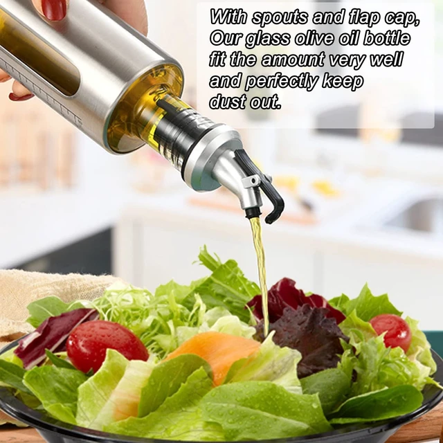 Alt view image 7 of 7 - Oil Dispenser Bottle, 4 Pack Glass Olive Oil Dispenser Bottle with Shelf, 17oz/500 ml Oil and Vinegar Dispenser Set Wrapped in Stainless Steel Shell with Pourers, Funnel & Pen and Tags