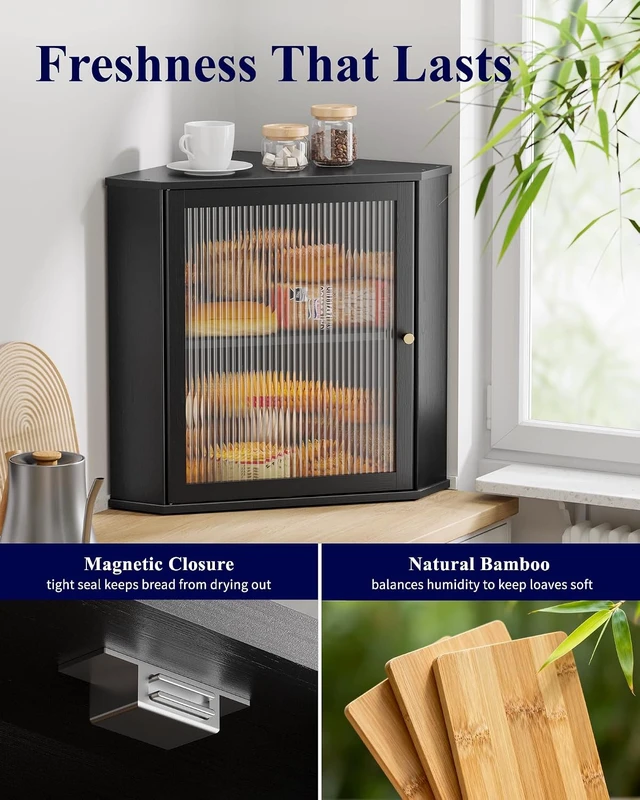 Alt view image 4 of 7 - Wooden Corner Bread Box for Kitchen Countertop, Large, Black