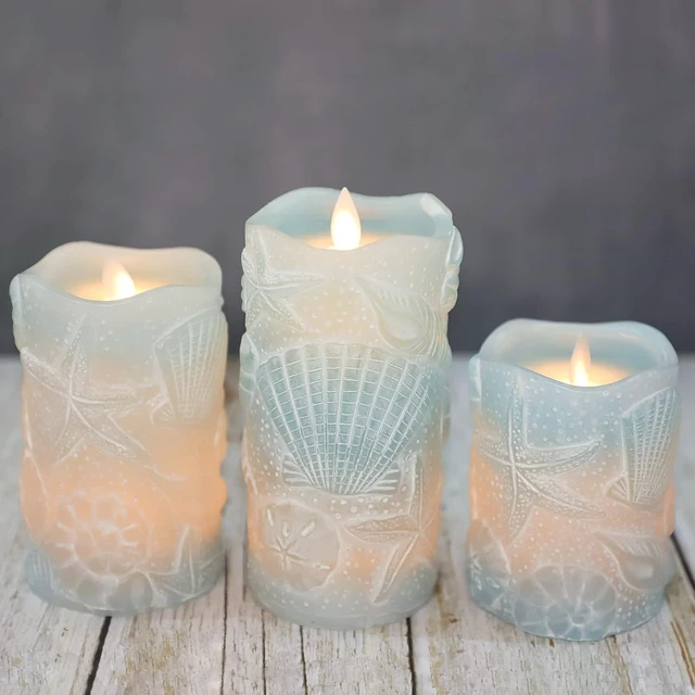 Alt view image 3 of 6 - Ocean Flameless Candles with Remote Carved Seashell Real Wax Flicker Battery Operated Candles for Home Party Wedding Nautical Summer Christmas Decor - Set of 3(Blue)