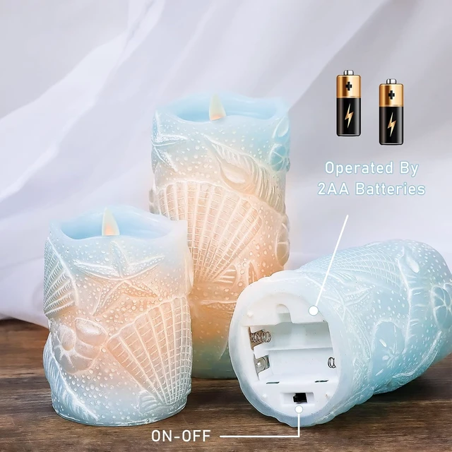 Alt view image 4 of 6 - Ocean Flameless Candles with Remote Carved Seashell Real Wax Flicker Battery Operated Candles for Home Party Wedding Nautical Summer Christmas Decor - Set of 3(Blue)