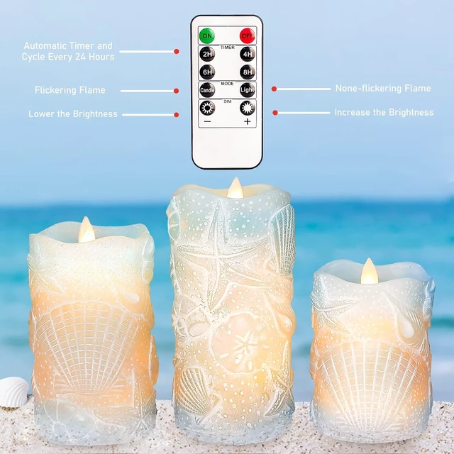 Alt view image 5 of 6 - Ocean Flameless Candles with Remote Carved Seashell Real Wax Flicker Battery Operated Candles for Home Party Wedding Nautical Summer Christmas Decor - Set of 3(Blue)