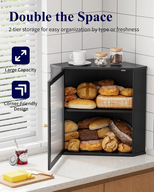 Alt view image 3 of 7 - Wooden Corner Bread Box for Kitchen Countertop, Large, Black