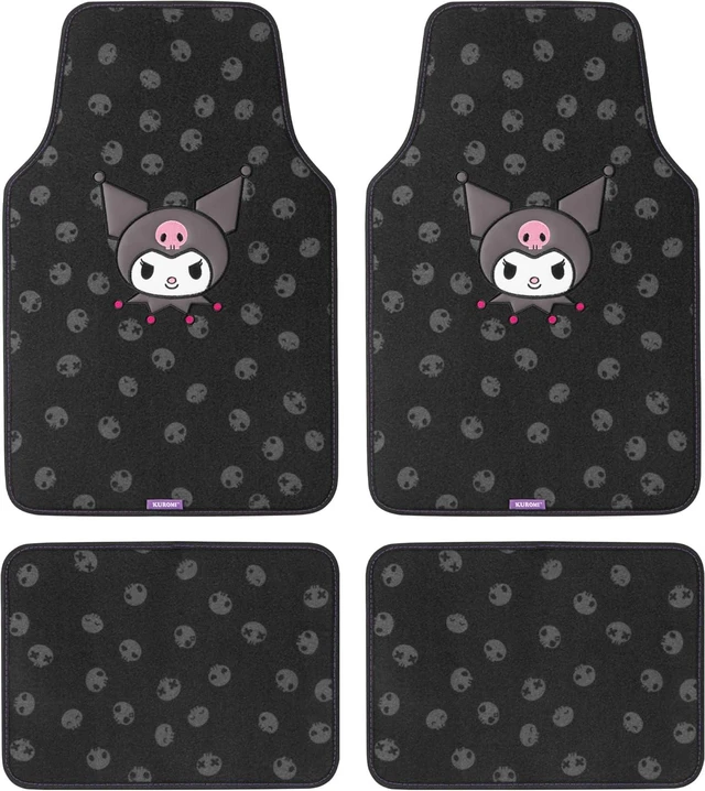 Main image of Kuromi Carpet Car Floor Mats - Universal Fit for Cars, SUVs & Trucks - Black with Kuromi Print & Purple, Pink Accents - Front & Rear Set, 4 Piece
