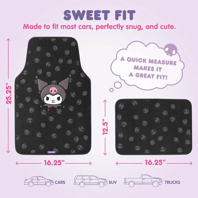 Alt view image 3 of 7 - Kuromi Carpet Car Floor Mats - Universal Fit for Cars, SUVs & Trucks - Black with Kuromi Print & Purple, Pink Accents - Front & Rear Set, 4 Piece