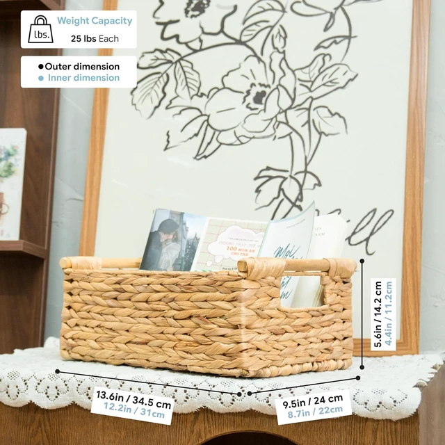 Alt view image 3 of 7 - Hyacinth Medium Wicker Basket 13.6x9.5x5.6" - With Handle, Living Room Decor, Rectangular Design