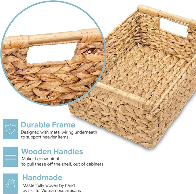 Alt view image 4 of 7 - Hyacinth Medium Wicker Basket 13.6x9.5x5.6" - With Handle, Living Room Decor, Rectangular Design