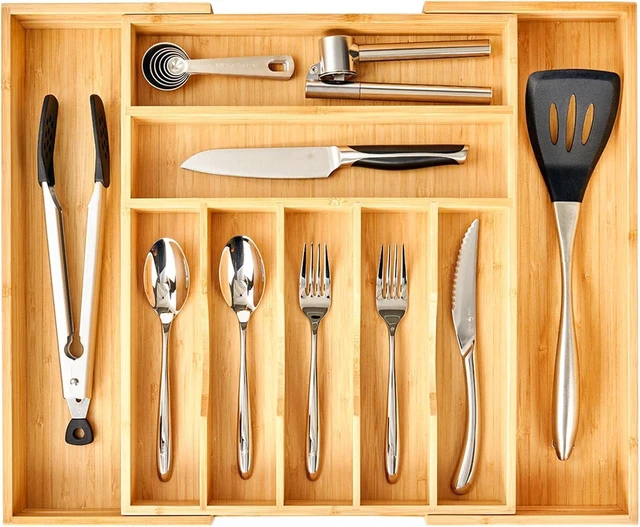 Main image of Large Expandable Kitchen Silverware Utensils Drawer Organizer, 2.5" Extra High Adjustable Drawer Divider with Curved Grooves, Bamboo Wood Cutlery Tray Flatware Holder