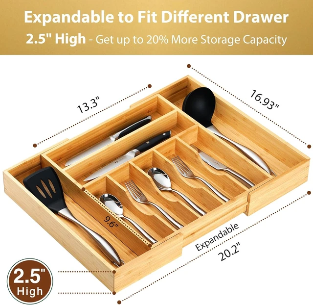Alt view image 2 of 7 - Large Expandable Kitchen Silverware Utensils Drawer Organizer, 2.5" Extra High Adjustable Drawer Divider with Curved Grooves, Bamboo Wood Cutlery Tray Flatware Holder