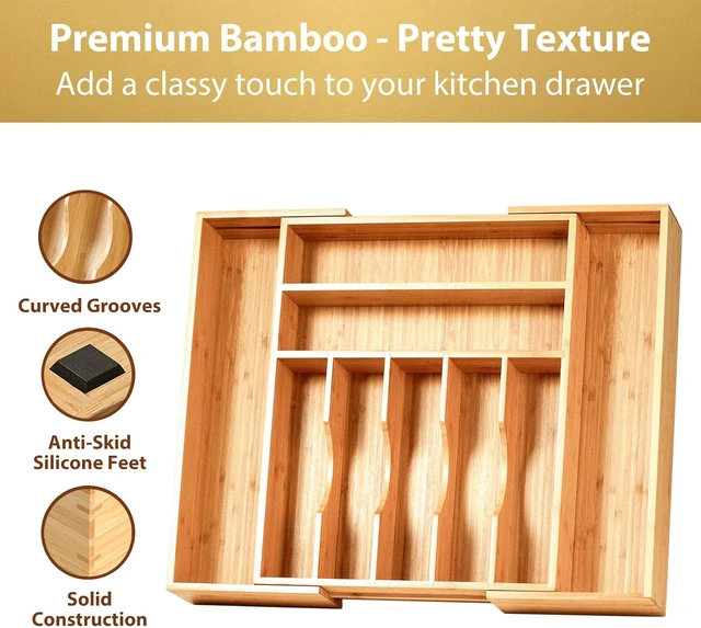 Alt view image 3 of 7 - Large Expandable Kitchen Silverware Utensils Drawer Organizer, 2.5" Extra High Adjustable Drawer Divider with Curved Grooves, Bamboo Wood Cutlery Tray Flatware Holder