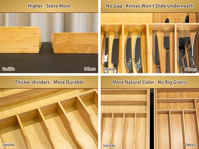 Alt view image 5 of 7 - Large Expandable Kitchen Silverware Utensils Drawer Organizer, 2.5" Extra High Adjustable Drawer Divider with Curved Grooves, Bamboo Wood Cutlery Tray Flatware Holder