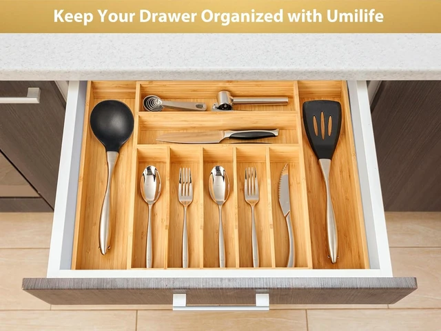 Alt view image 6 of 7 - Large Expandable Kitchen Silverware Utensils Drawer Organizer, 2.5" Extra High Adjustable Drawer Divider with Curved Grooves, Bamboo Wood Cutlery Tray Flatware Holder