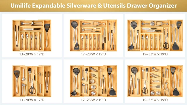 Alt view image 7 of 7 - Large Expandable Kitchen Silverware Utensils Drawer Organizer, 2.5" Extra High Adjustable Drawer Divider with Curved Grooves, Bamboo Wood Cutlery Tray Flatware Holder