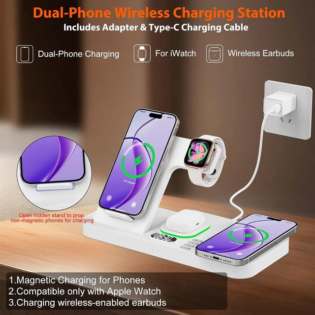 Alt view image 3 of 7 - Dual Phone Magnetic Wireless Charging Station for Devices, 7-Color Auto Light & 12H Clock, Multi-Device Charger for iPhone 17/16/15, for iWatch 11/10/9 & AirPods Pro3(Cream