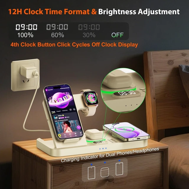 Alt view image 4 of 7 - Dual Phone Magnetic Wireless Charging Station for Devices, 7-Color Auto Light & 12H Clock, Multi-Device Charger for iPhone 17/16/15, for iWatch 11/10/9 & AirPods Pro3(Cream