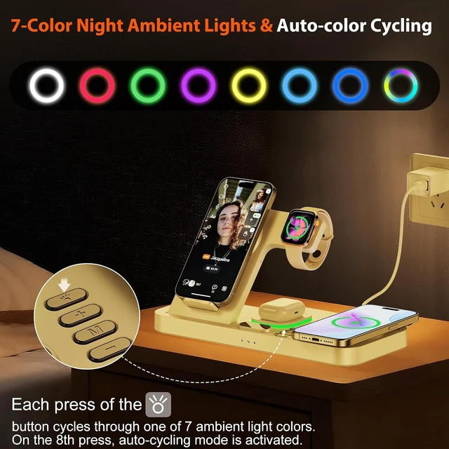 Alt view image 5 of 7 - Dual Phone Magnetic Wireless Charging Station for Devices, 7-Color Auto Light & 12H Clock, Multi-Device Charger for iPhone 17/16/15, for iWatch 11/10/9 & AirPods Pro3(Cream