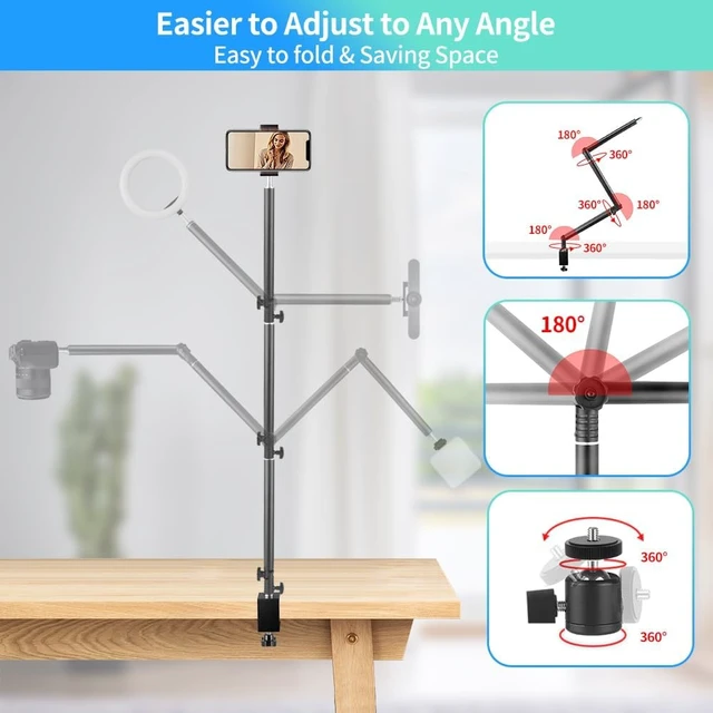 Alt view image 4 of 7 - Heavy Duty Overhead Camera Desk Mount Stand 14.5"-41" with 1/4" Screw, 3-Section 360°Rotatable Detachable Articulating Boom Arm with Enlarged Handle C Clamp, Tabletop Light Stand for Streaming Vlog