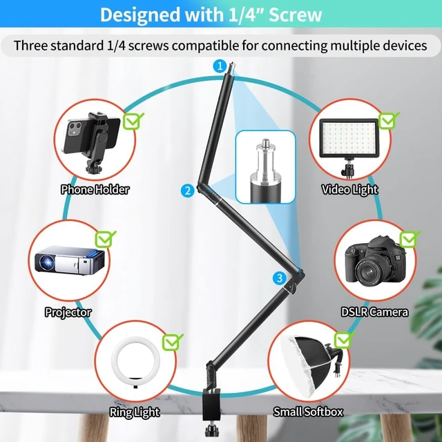 Alt view image 5 of 7 - Heavy Duty Overhead Camera Desk Mount Stand 14.5"-41" with 1/4" Screw, 3-Section 360°Rotatable Detachable Articulating Boom Arm with Enlarged Handle C Clamp, Tabletop Light Stand for Streaming Vlog