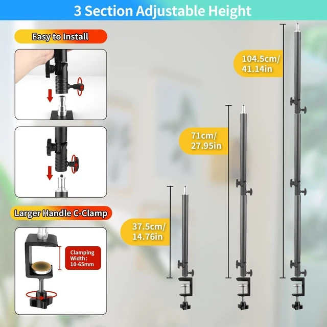 Alt view image 6 of 7 - Heavy Duty Overhead Camera Desk Mount Stand 14.5"-41" with 1/4" Screw, 3-Section 360°Rotatable Detachable Articulating Boom Arm with Enlarged Handle C Clamp, Tabletop Light Stand for Streaming Vlog