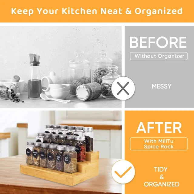 Alt view image 2 of 7 - Bamboo Spice Rack Organizer for Cabinet 2 Pack - 3 Tier Countertop Step Shelf, Seasoning Storage Stand for Kitchen Pantry, Spice Holder for Jars Bottles Cans (Natural)