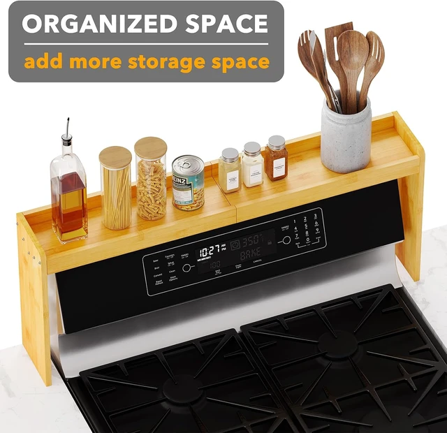Alt view image 3 of 7 - Bamboo Over the Stove Spice Holder Shelf, 31.5" Kitchen Organizer Stove Spice Top Rack, 11.6" Height Countertop Storage, Over Oven Back Sink Organization Shelf, Natural