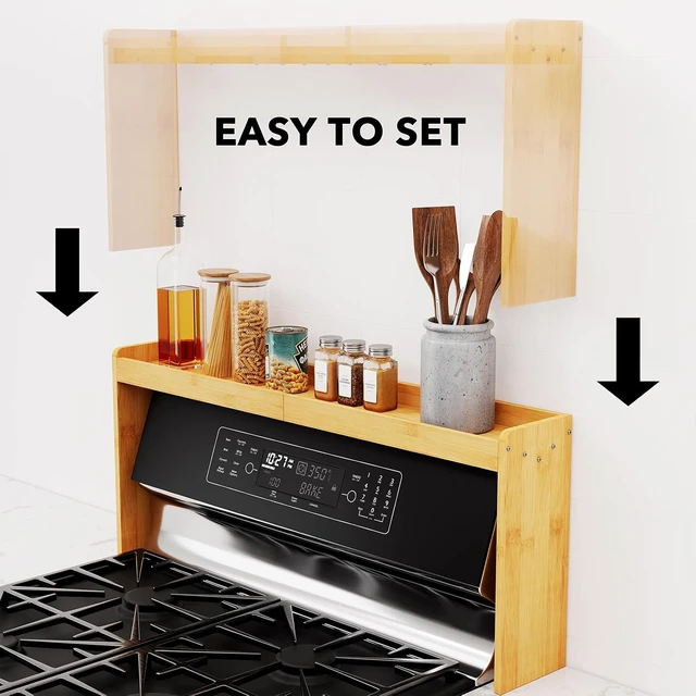Alt view image 6 of 7 - Bamboo Over the Stove Spice Holder Shelf, 31.5" Kitchen Organizer Stove Spice Top Rack, 11.6" Height Countertop Storage, Over Oven Back Sink Organization Shelf, Natural