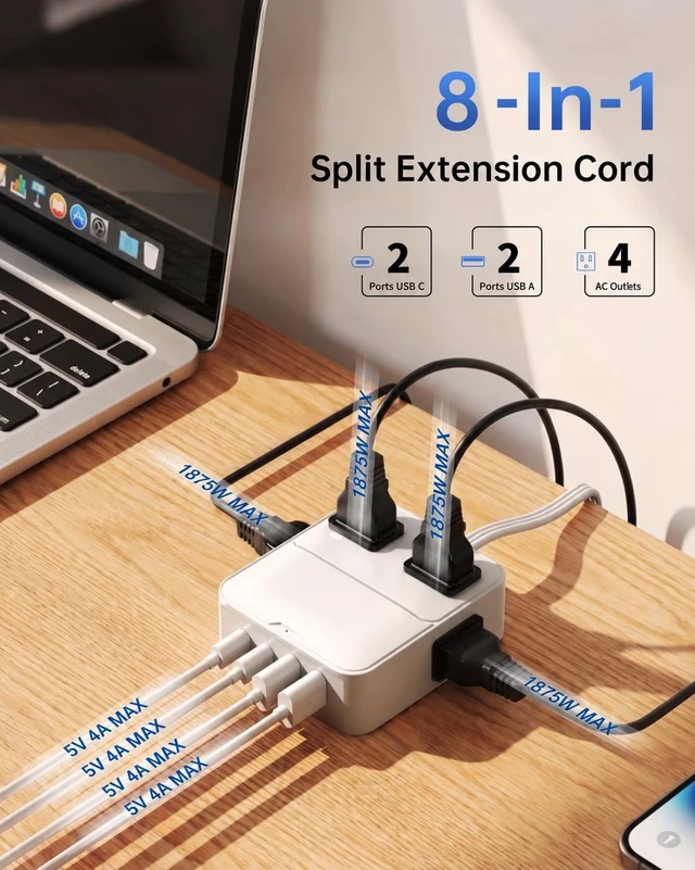 Alt view image 2 of 7 - 12FT Split Extension Cord 6FT Per Side, Flat Plug Twin Power Strip