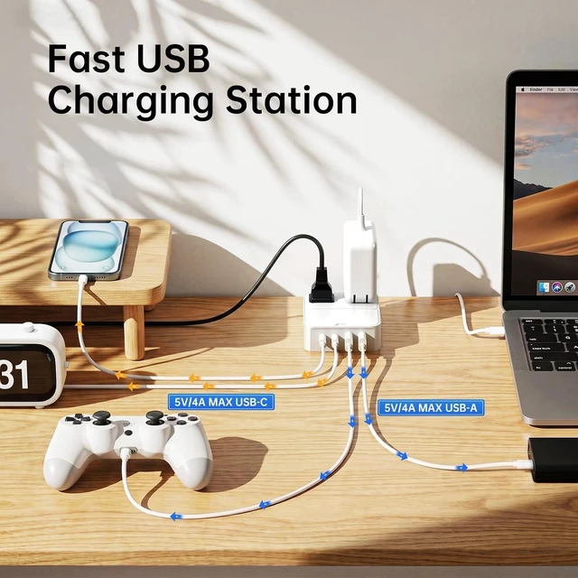 Alt view image 7 of 7 - Split Extension Cord 12FT(6FT Per Side) - Single 4 AC & 4 USB Ports