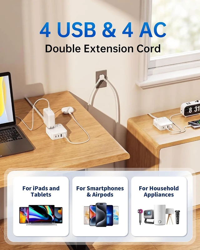 Alt view image 6 of 7 - 12FT Split Extension Cord 6FT Per Side, Flat Plug Twin Power Strip