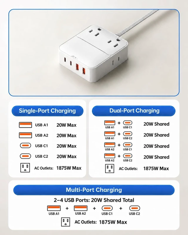 Alt view image 7 of 7 - 12FT Split Extension Cord 6FT Per Side, Flat Plug Twin Power Strip