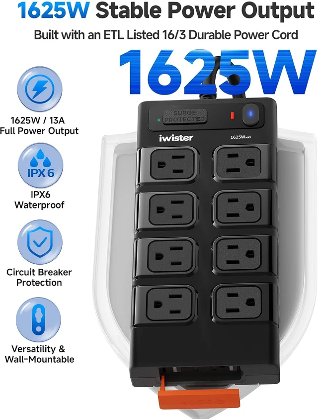 Alt view image 2 of 7 - Outdoor Power Strip Waterproof IPX6, Outlet Extender, 8 AC+4USB