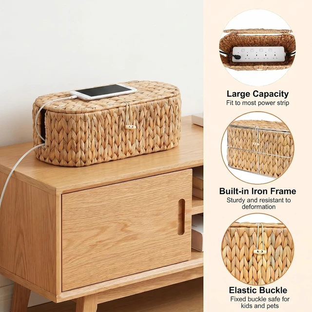 Alt view image 3 of 7 - Set of 2 Cable Management Box, Handwoven Cord Hider Box with 3 Open Slots