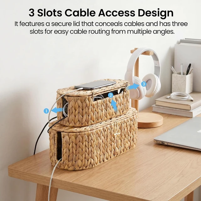 Alt view image 6 of 7 - Set of 2 Cable Management Box, Handwoven Cord Hider Box with 3 Open Slots