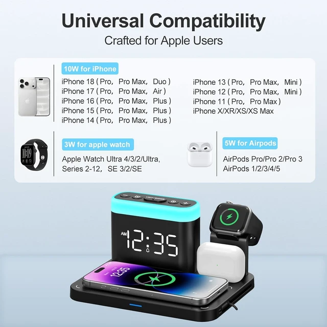 Alt view image 3 of 7 - Wireless Charging Station,5 in 1 Multiple Charger Stand with Alarm Clock,7 Night Light,Magnetic Charging Dock for iPhone 18 17 16 15 14 13 Pro Max Plus, Watch 11/10/9/8,for Airpods,Bedroom