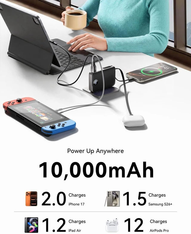 Alt view image 5 of 7 - Portable Charger Power Bank 10000mAh, 45% Smaller Built-in Cables & AC Plug