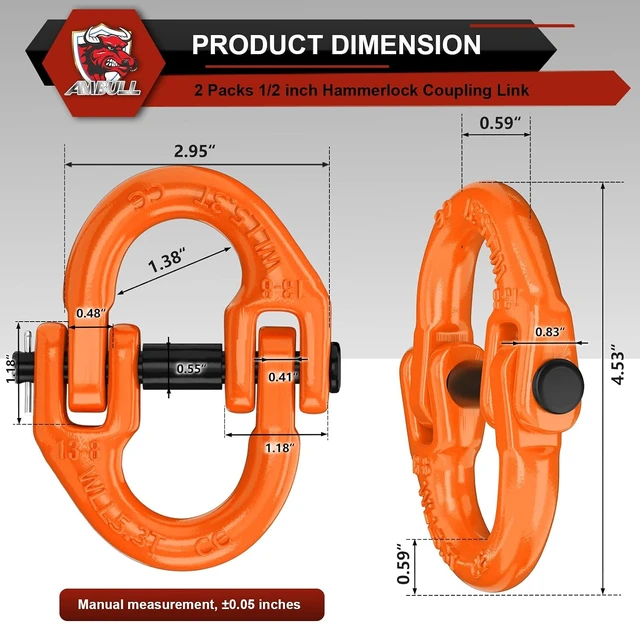 Alt view image 2 of 6 - 2 Pack 1/2" Safety Chain Connector Link, G80 Tow Hitch Hammerlock Coupling Link, Tow Chain Connector with 12000 lbs Loading (Orange)