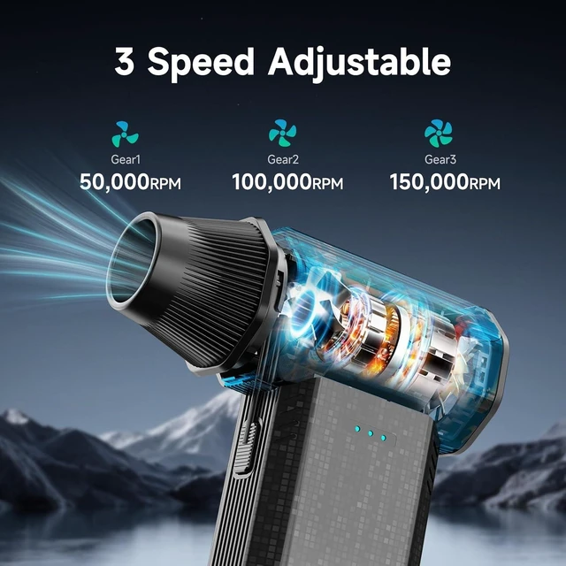 Alt view image 2 of 7 - Cordless Compressed Air Duster 150000 RPM Electric Air Duster, 3-Gear Adjustable Rechargeable Keyboard Cleaner, Portable Mini Blower for PC, Laptop, Car Interior, Office and Home Cleaning