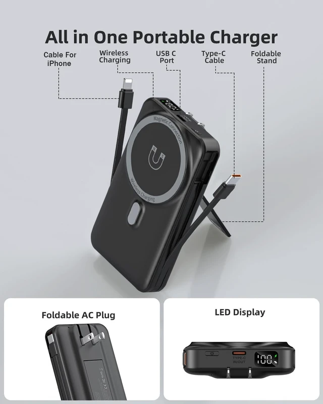 Alt view image 2 of 7 - for Magsafe Portable Charger 10000mAh Wireless Magnetic Power Bank, 22.5W PD 3.0+QC 4.0 Fast Charging Battery Pack, Built-in Cables &AC Wall Plug &LED Display &Stand for iPhone 17/16/15/14/13 Series
