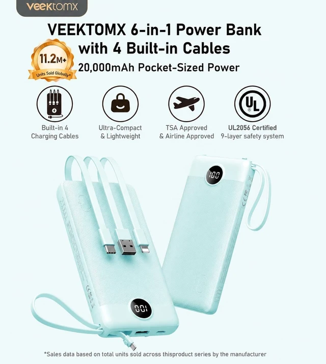 Alt view image 2 of 7 - 20000mAh Portable Charger with Built-in USB-C & iPhone Cables