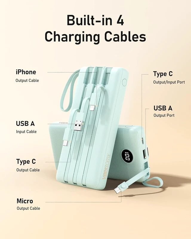 Alt view image 4 of 7 - 20000mAh Portable Charger with Built-in USB-C & iPhone Cables