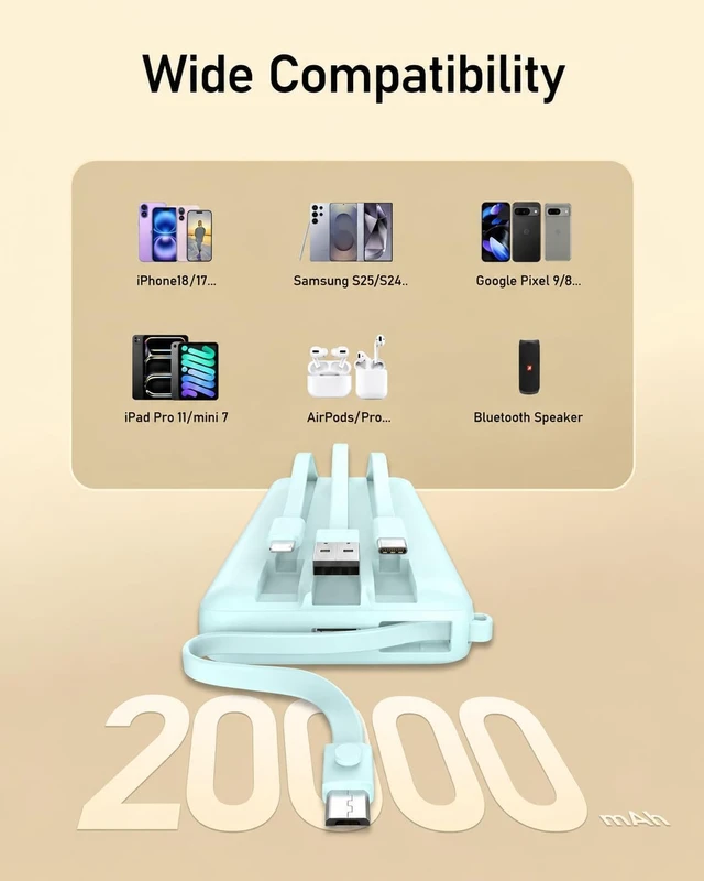 Alt view image 7 of 7 - 20000mAh Portable Charger with Built-in USB-C & iPhone Cables