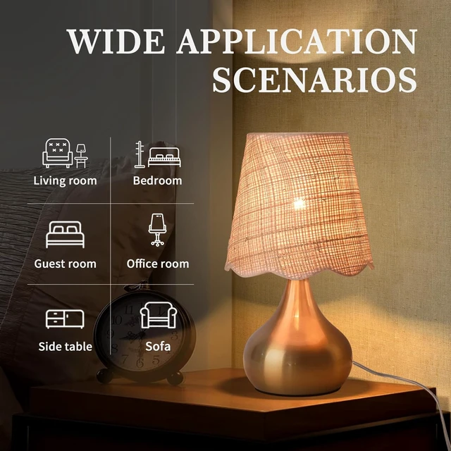 Alt view image 2 of 7 - Gold Small Bedside Table Lamp for Bedroom, Brass Gold Mini Table Lamps for Nightstand, Rattan Shade Table Lamps for Small Spaces for Kitchen Counter, Bookshelf, Bedroom, Living Room, Kids Dorm