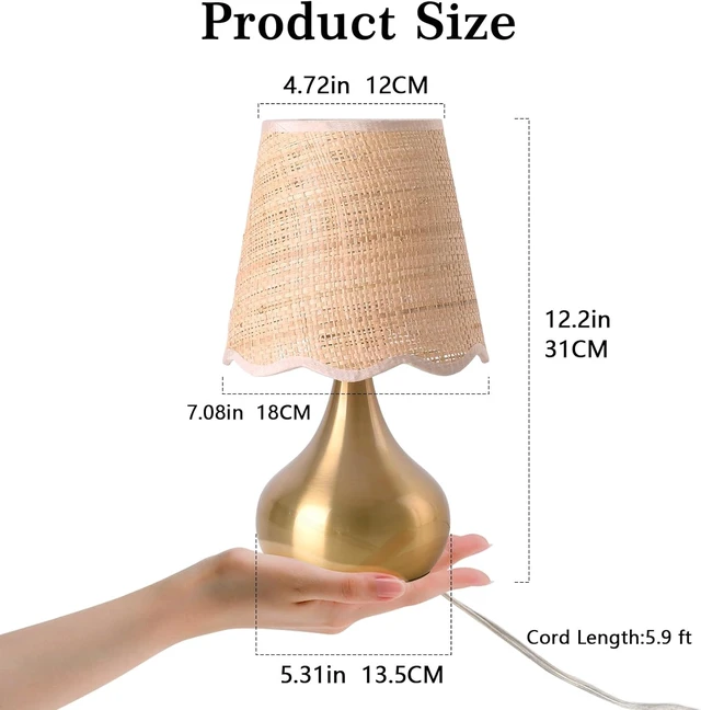 Alt view image 3 of 7 - Gold Small Bedside Table Lamp for Bedroom, Brass Gold Mini Table Lamps for Nightstand, Rattan Shade Table Lamps for Small Spaces for Kitchen Counter, Bookshelf, Bedroom, Living Room, Kids Dorm