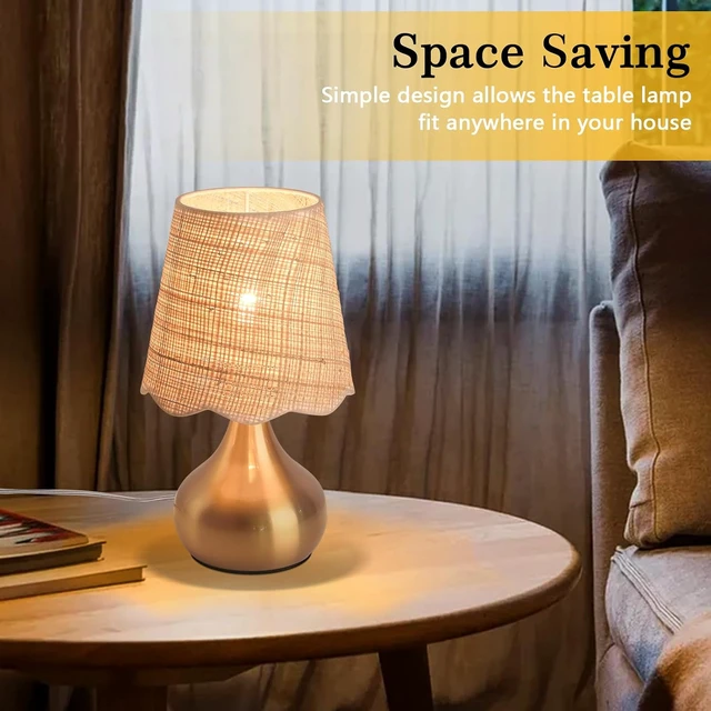 Alt view image 5 of 7 - Gold Small Bedside Table Lamp for Bedroom, Brass Gold Mini Table Lamps for Nightstand, Rattan Shade Table Lamps for Small Spaces for Kitchen Counter, Bookshelf, Bedroom, Living Room, Kids Dorm