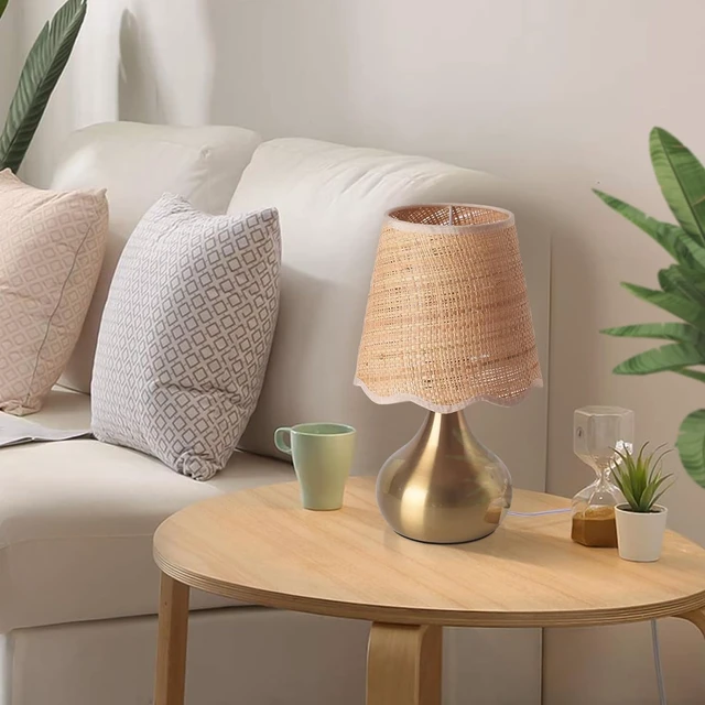 Alt view image 6 of 7 - Gold Small Bedside Table Lamp for Bedroom, Brass Gold Mini Table Lamps for Nightstand, Rattan Shade Table Lamps for Small Spaces for Kitchen Counter, Bookshelf, Bedroom, Living Room, Kids Dorm