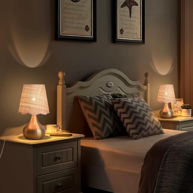 Alt view image 7 of 7 - Gold Small Bedside Table Lamp for Bedroom, Brass Gold Mini Table Lamps for Nightstand, Rattan Shade Table Lamps for Small Spaces for Kitchen Counter, Bookshelf, Bedroom, Living Room, Kids Dorm