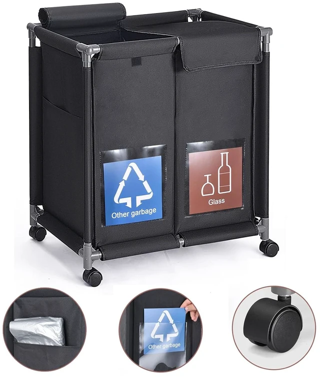 Main image of 2 in 1 Garbage Recycle Sorting Basket,2 Cover Top Compartments with Wheels,2 Front Transparent Display Pockets 110L Large Capacity Perfect for Kitchen Office
