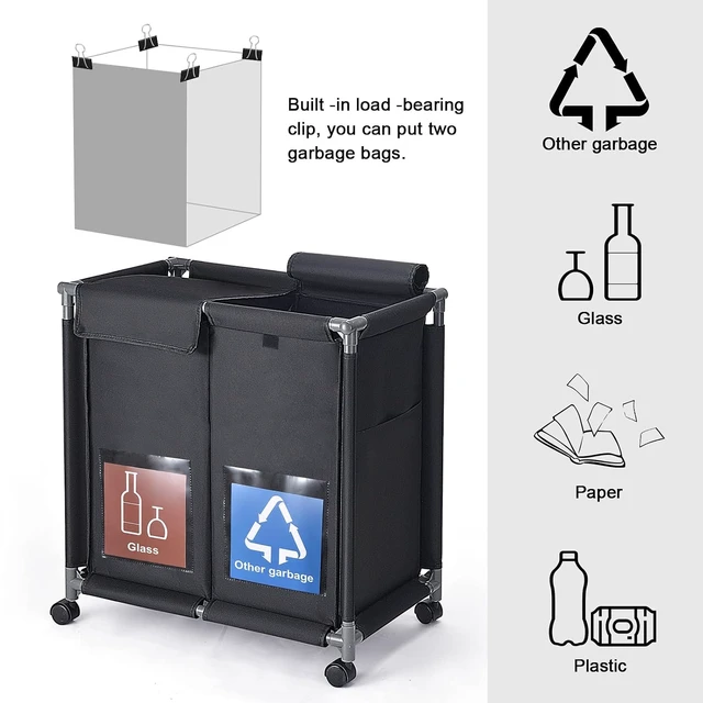 Alt view image 2 of 6 - 2 in 1 Garbage Recycle Sorting Basket,2 Cover Top Compartments with Wheels,2 Front Transparent Display Pockets 110L Large Capacity Perfect for Kitchen Office