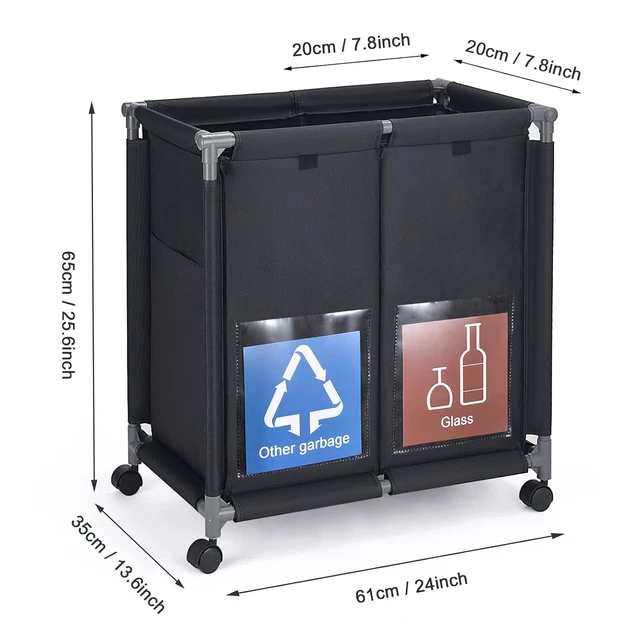 Alt view image 3 of 6 - 2 in 1 Garbage Recycle Sorting Basket,2 Cover Top Compartments with Wheels,2 Front Transparent Display Pockets 110L Large Capacity Perfect for Kitchen Office